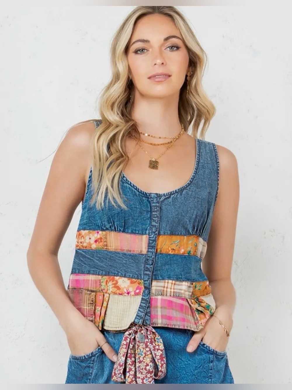 H111 Young Thread L pp18-20 Patchwork Denim Tank Top with Tie Front - Blue